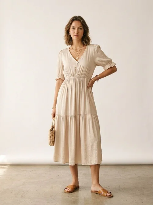 V-Neck Puffed Sleeve Tiered Midi Dress with Pockets