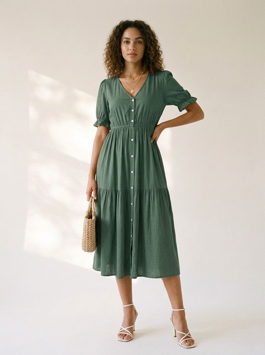 Vestido midi escalonado con escote en V, mangas abullonadas y bolsillos.