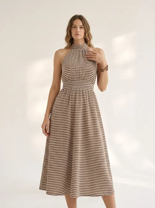 Chic Halter Neck Smocked Waist Midi Dress - Brown Print
