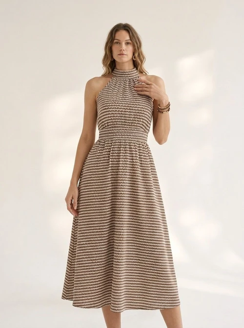 Elegante abito midi con scollo all'americana e vita arricciata - Stampa marrone