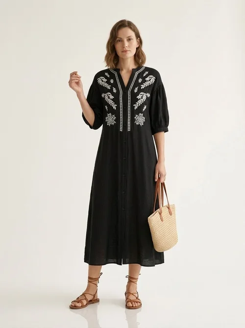 Embroidered Button-Front Midi Dress with Puff Sleeves