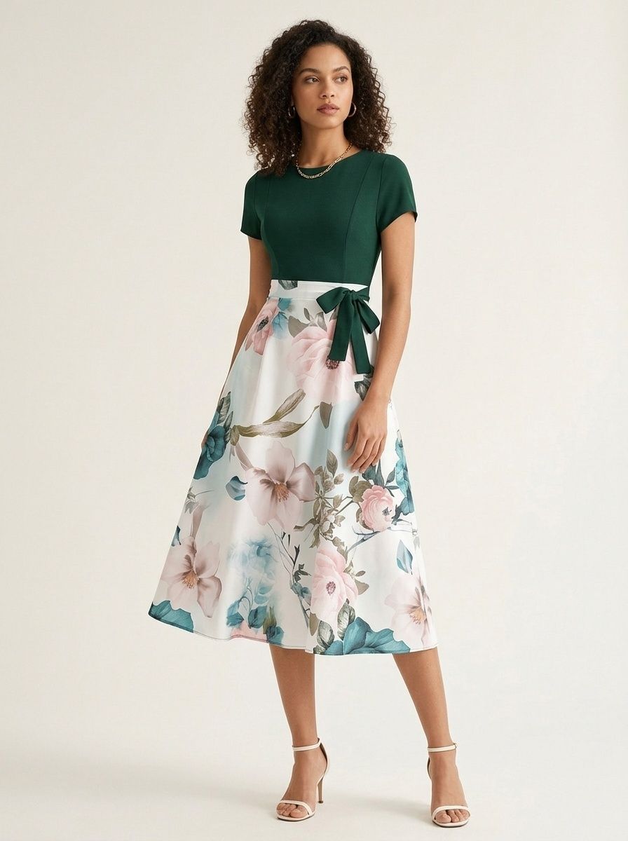 Robe midi à imprimé floral pour femme avec corsage vert foncé