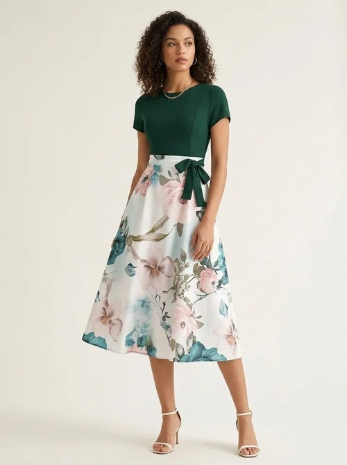 Women's Floral Print Midi Dress with Dark Green Bodice