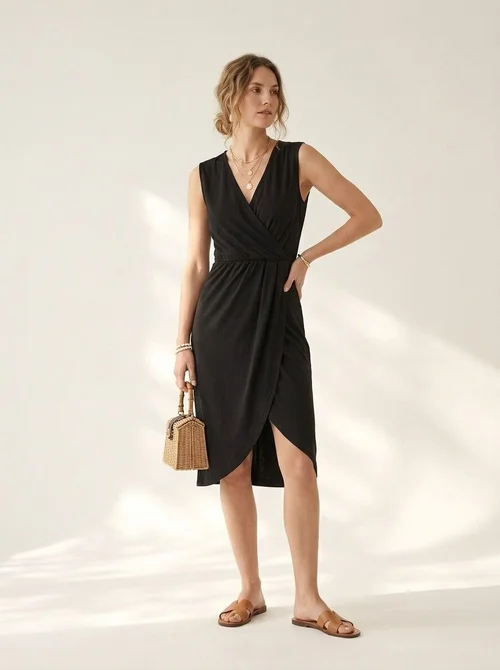 Women's Sleeveless V-Neck Wrap Dress with Asymmetrical Hem