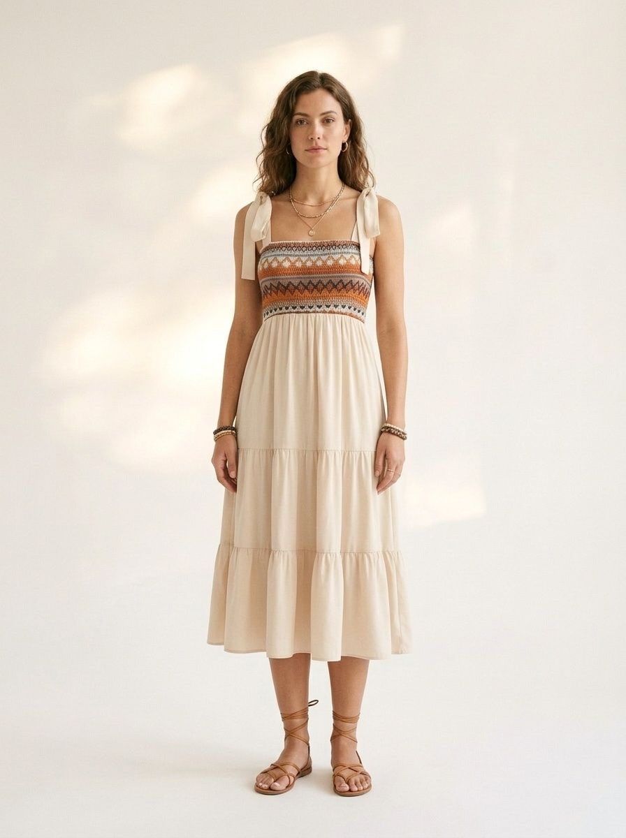 Robe midi bohème brodée à volants et smocks avec bretelles à nouer