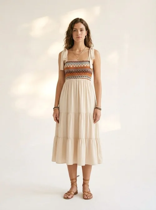 Boho Embroidered Smocked Tiered Midi Dress with Tie Straps