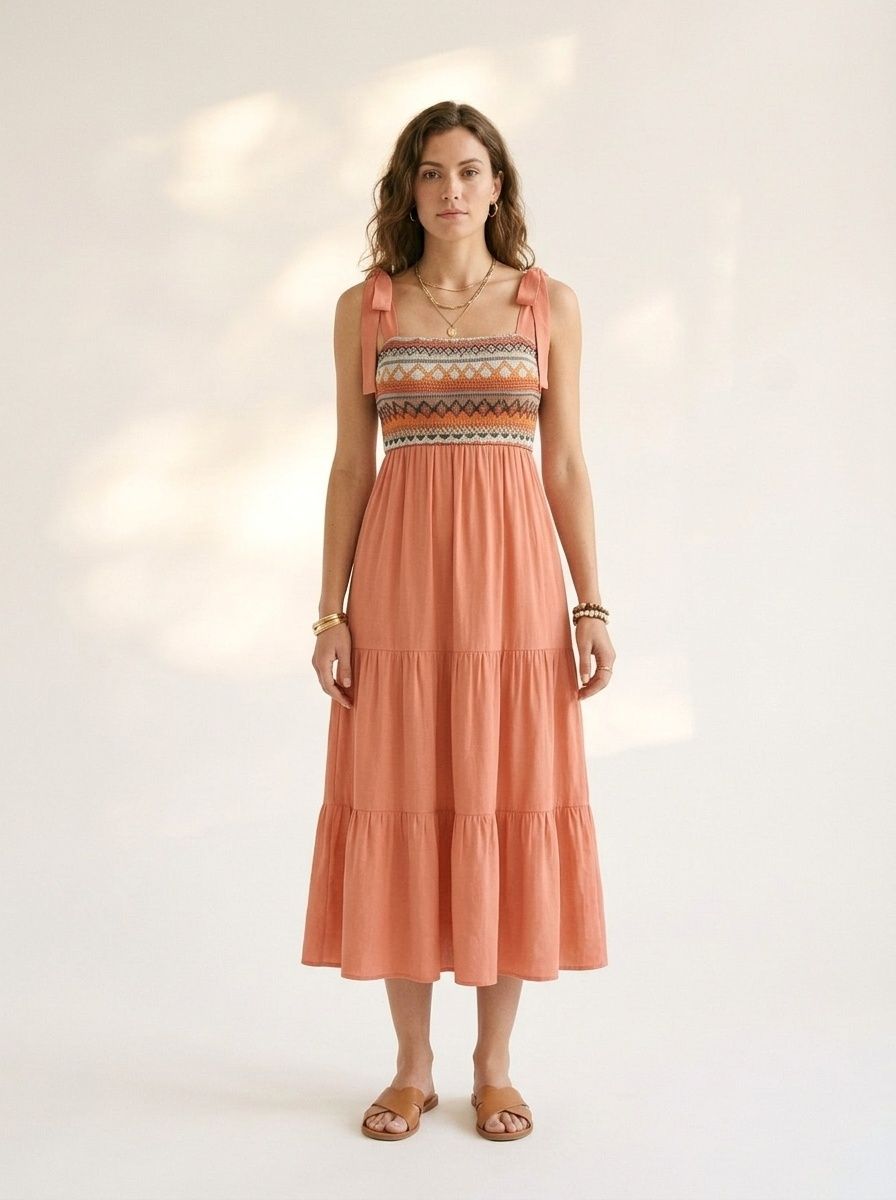Vestido midi bohemio con volantes, bordados y fruncidos, con tirantes anudados.