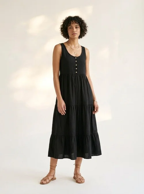 Women's Sleeveless Tiered Midi Dress with Buttons