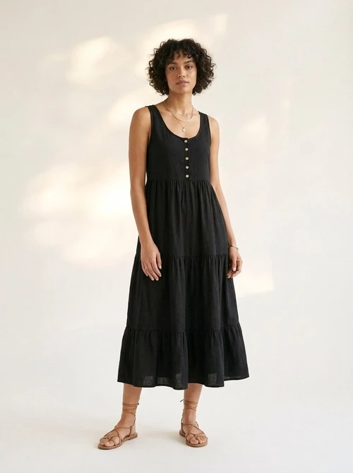 Robe midi sans manches à volants et boutons pour femme