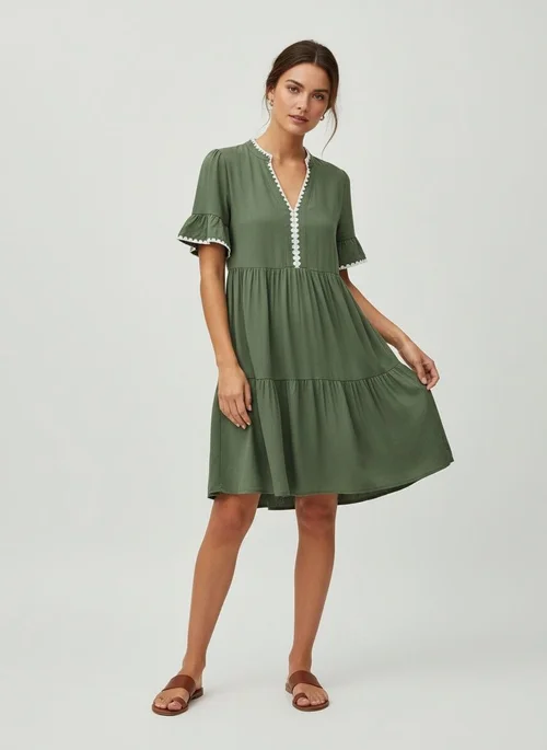 Women's Army Green Tiered Mini Dress with Ruffle Sleeves