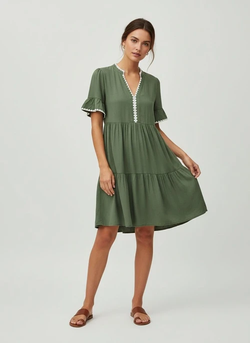 Robe courte à volants vert armée pour femme