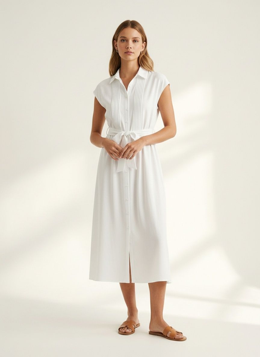 Women's White Pleated Button-Front Belted Shirt Dress