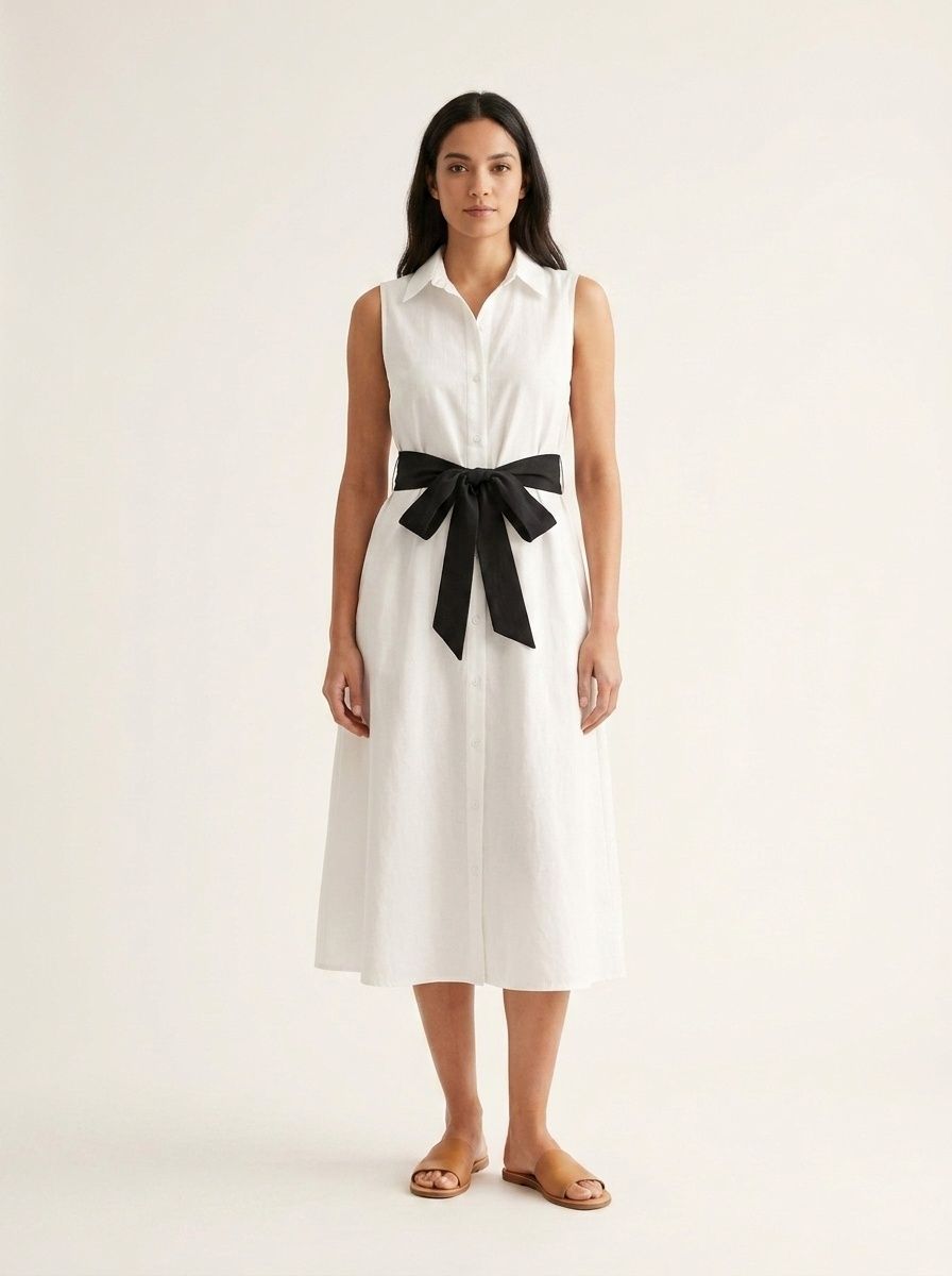 Women's Sleeveless White Shirt Dress with Black Belt