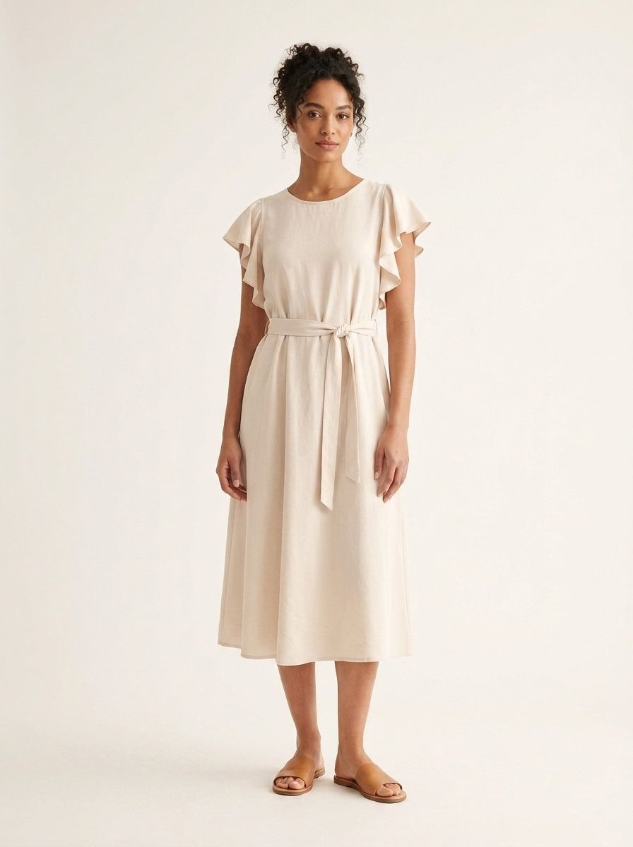 Robe midi élégante à manches à volants et ceinture - Chic décontracté