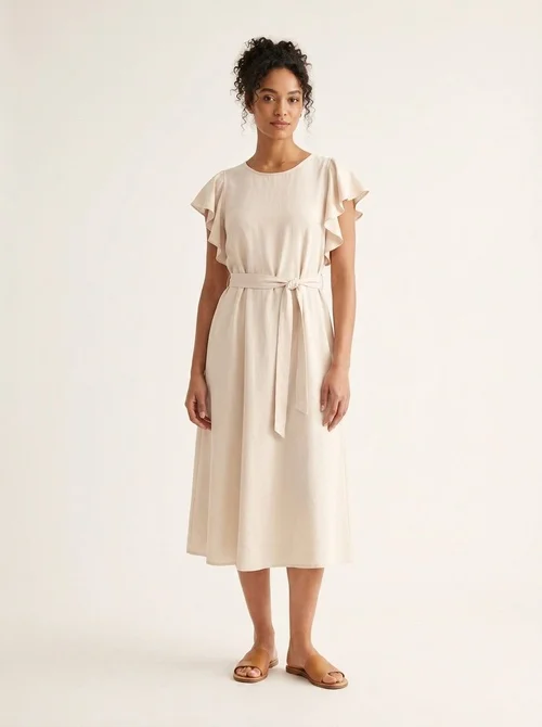 Elegant Ruffle Sleeve Belted Midi Dress - Casual Chic