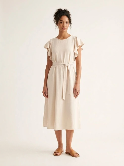 Robe midi élégante à manches à volants et ceinture - Chic décontracté