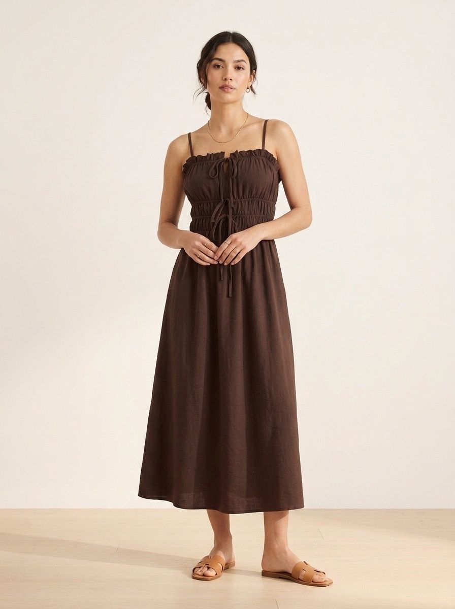 Robe midi à bretelles fines et volants pour femme