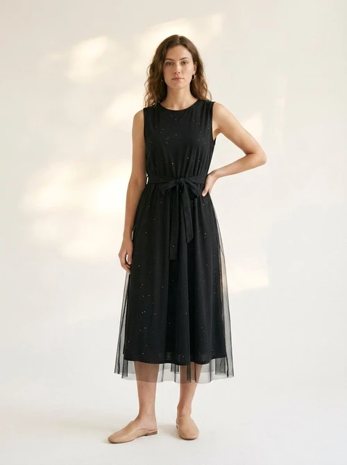 Robe midi en tulle noir pailleté avec ceinture à nouer