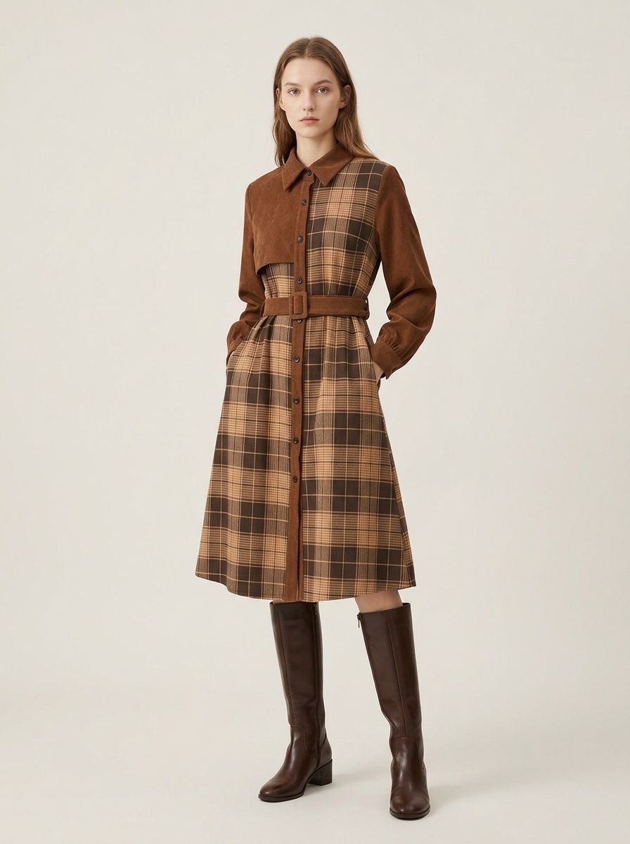 Abito chemisier midi da donna in velluto a coste con patchwork a quadri