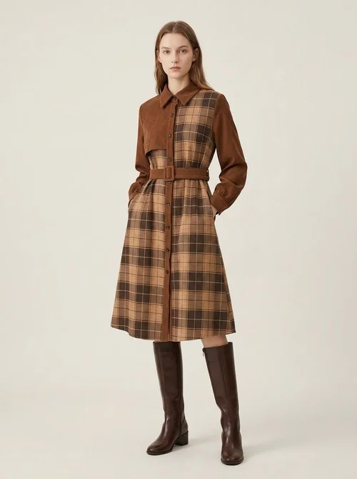 Abito chemisier midi da donna in velluto a coste con patchwork a quadri