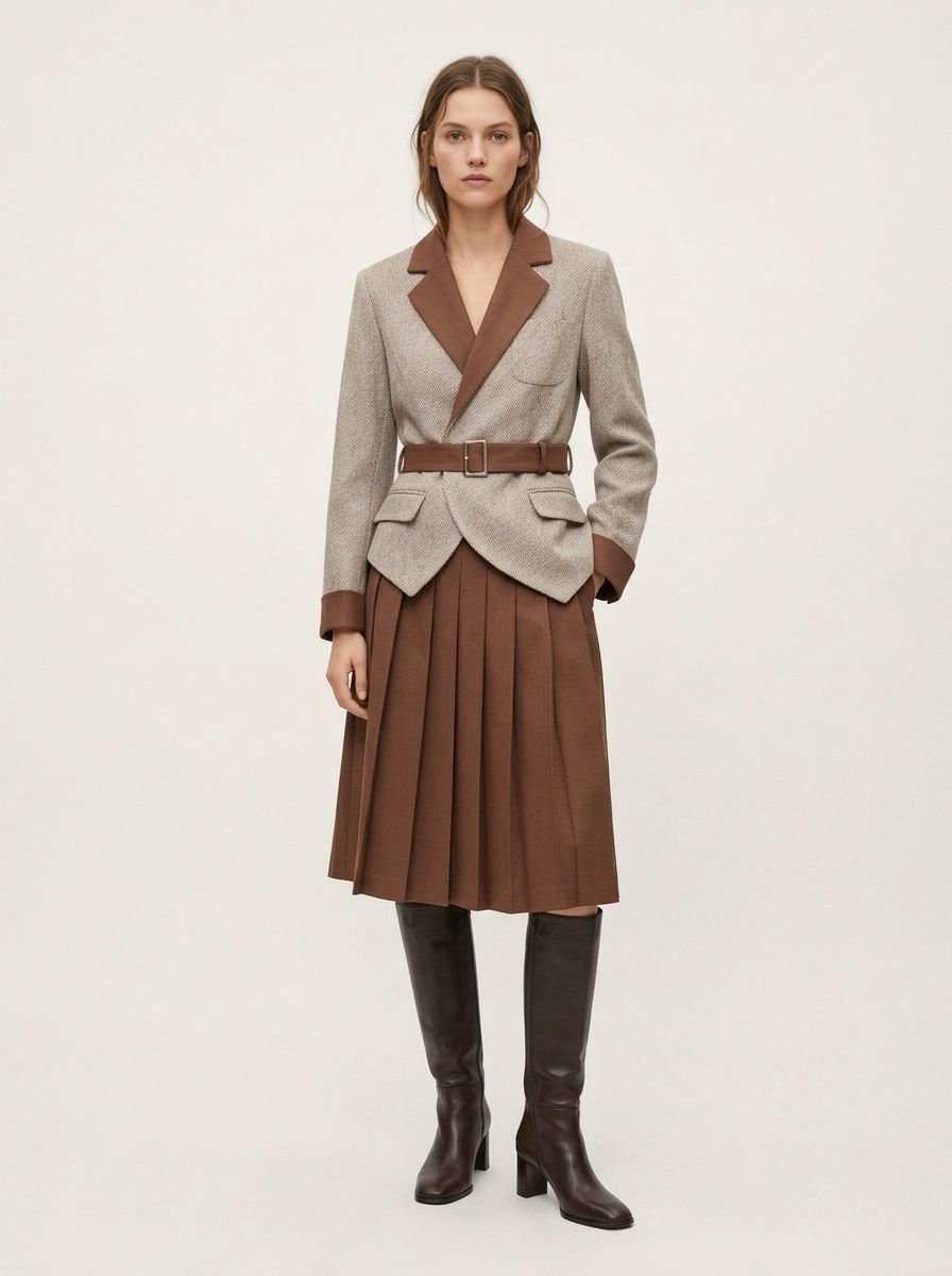 Blazer bicolore da donna con cintura e abito plissettato