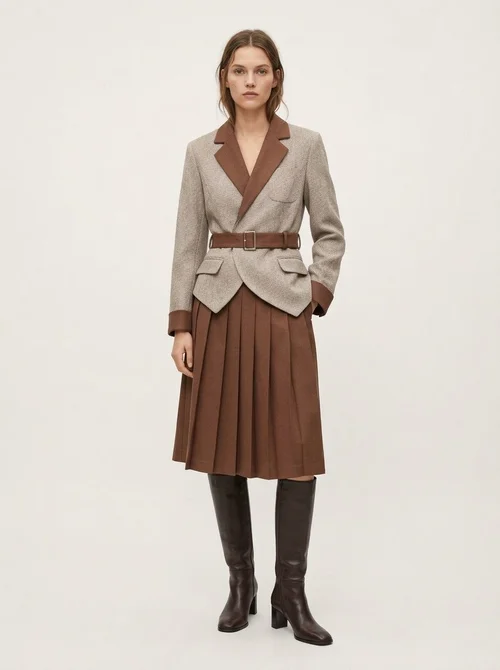 Blazer bicolore da donna con cintura e abito plissettato