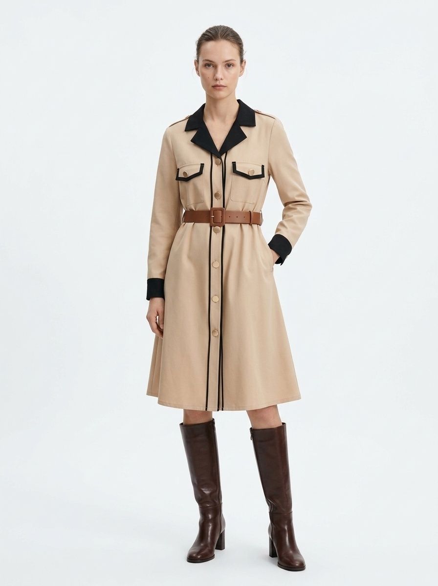 Abito trench con colletto a contrasto, abbottonatura frontale e cintura