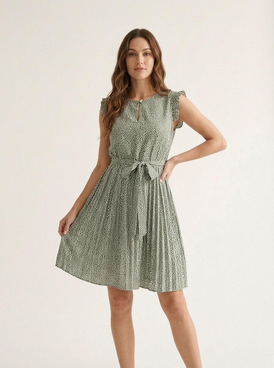Women's Floral Pleated Midi Dress with Tie Belt