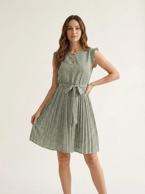 Women's Floral Pleated Midi Dress with Tie Belt