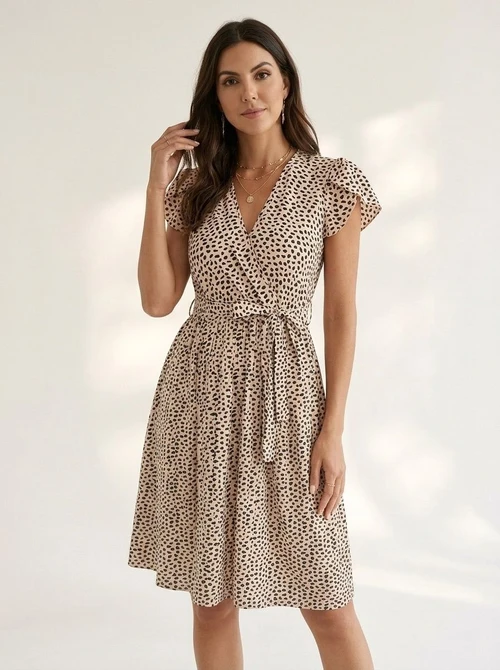 Women's Floral V-Neck Pleated Midi Dress with Tie Waist