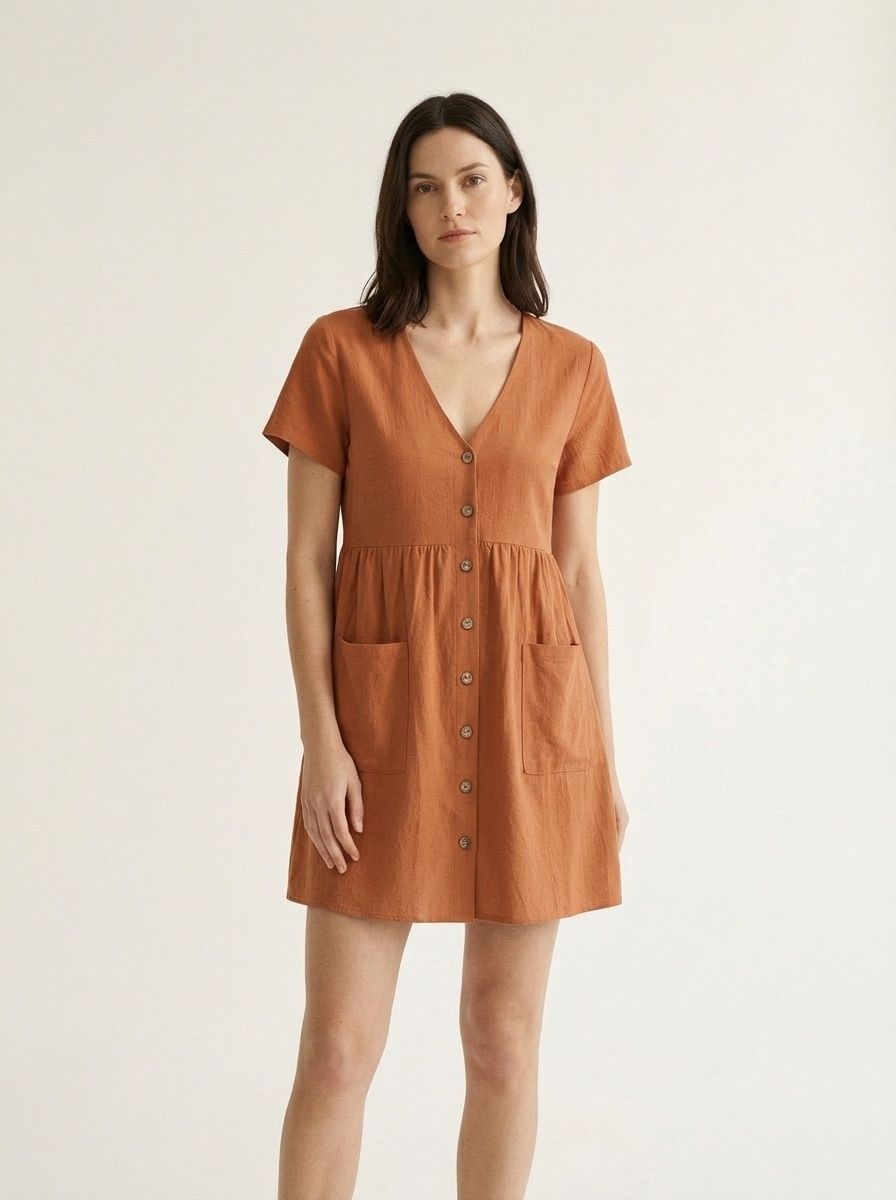 Women's Casual V-Neck Button-Front Mini Dress with Pockets