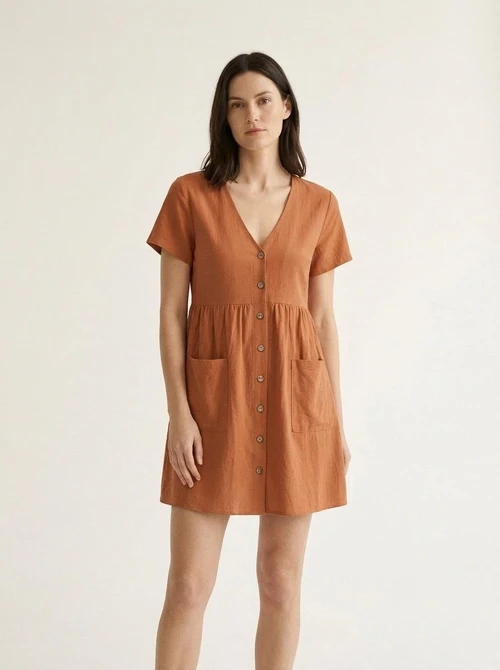Women's Casual V-Neck Button-Front Mini Dress with Pockets