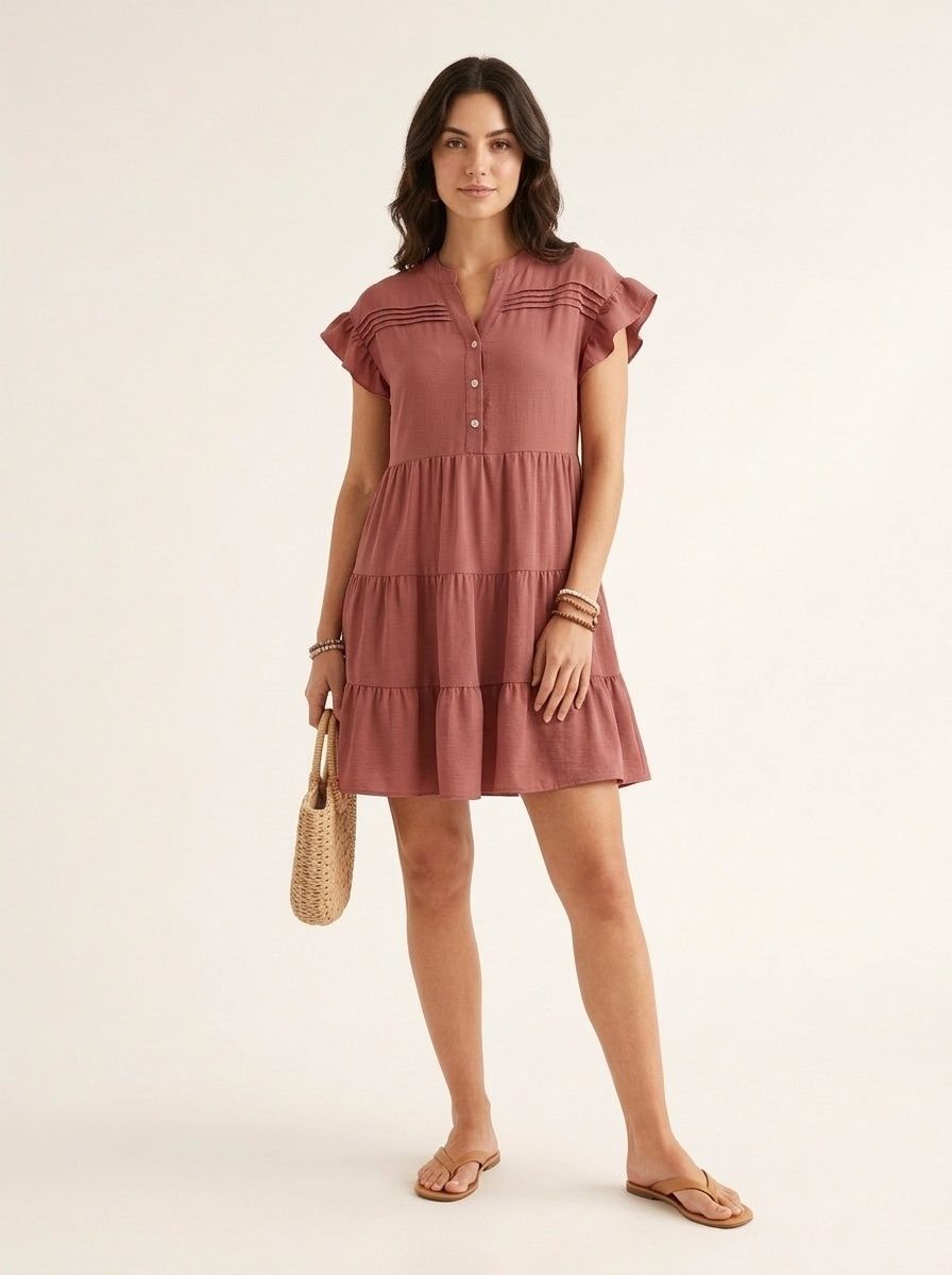 Robe courte à manches à volants étagées et col en V pour femme