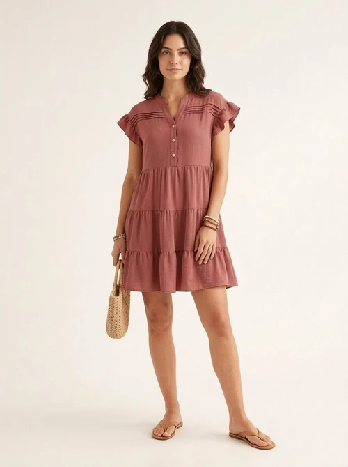 Robe courte à manches à volants étagées et col en V pour femme