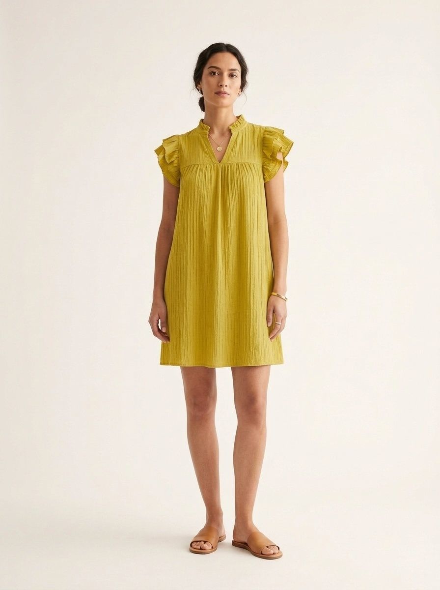 Robe courte décontractée à manches à volants et col en V pour femme