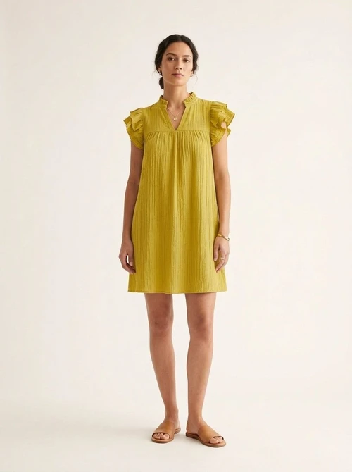 Robe courte décontractée à manches à volants et col en V pour femme