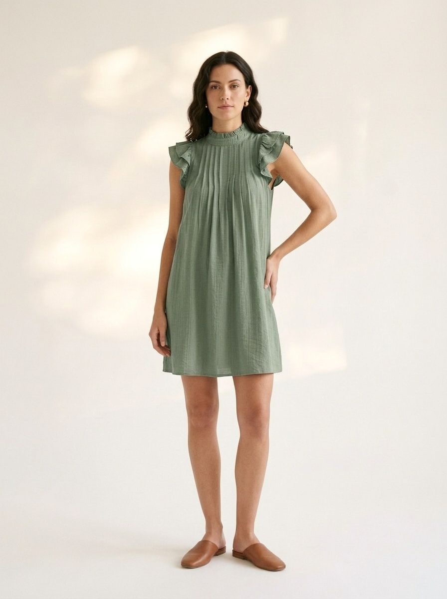 Robe mini plissée à manches à volants et col montant pour femme