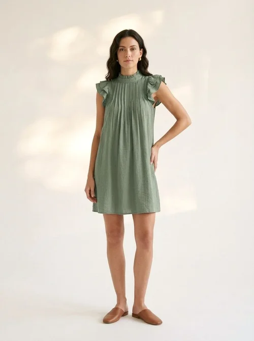 Women's Ruffle Sleeve Mock Neck Pleated Mini Dress