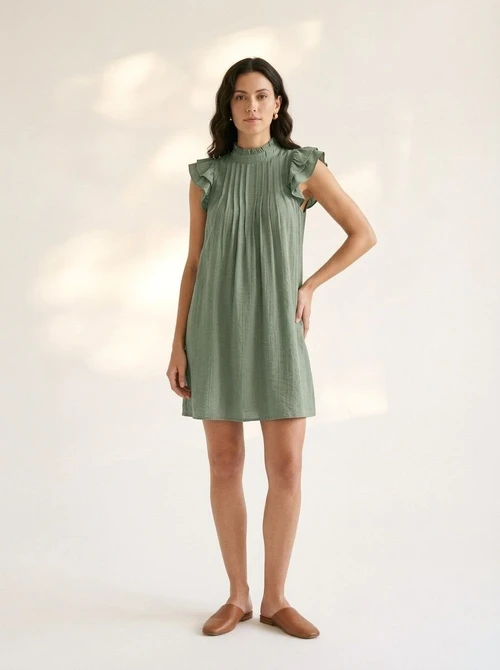 Robe mini plissée à manches à volants et col montant pour femme