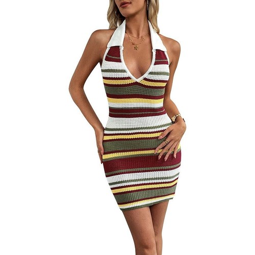 Mini abito a righe in maglia con scollo all'americana - Abito aderente con colletto polo