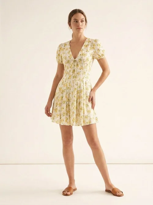 Floral Puff Sleeve Tie Front Mini Dress - Yellow & White