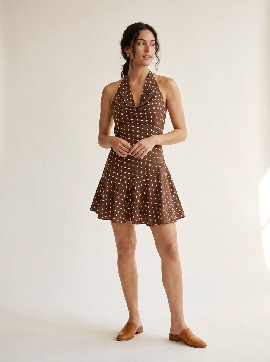 Robe courte dos nu à pois et col bénitier