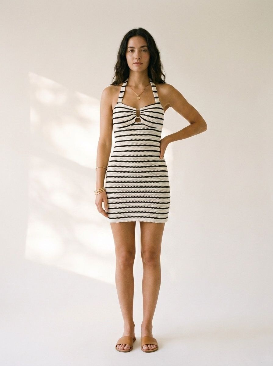 Robe mini moulante rayée à col halter