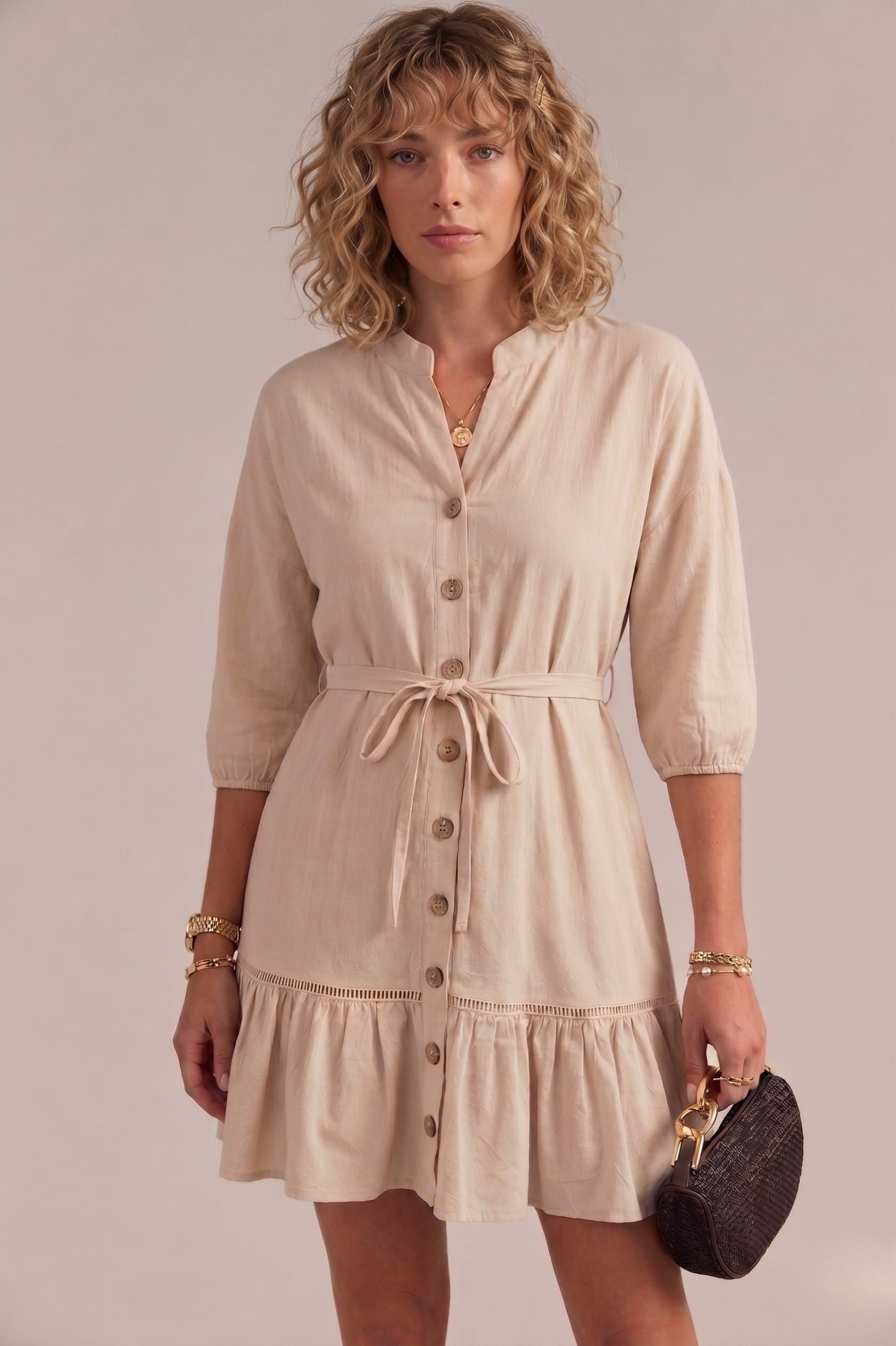 Beige Button Front Ruffle Hem Mini Dress
