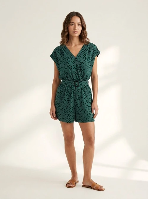 Printed V-Neck Belted Romper Playsuit