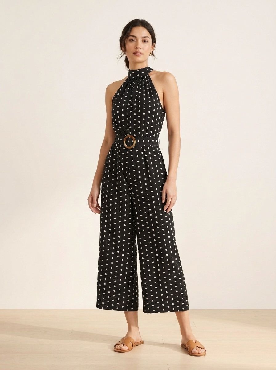 Polka Dot Halter Neck Wide Leg Jumpsuit