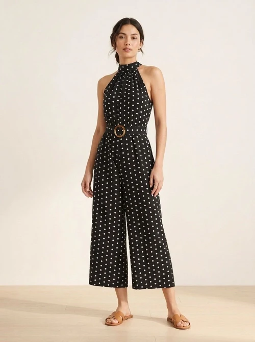Polka Dot Halter Neck Wide Leg Jumpsuit