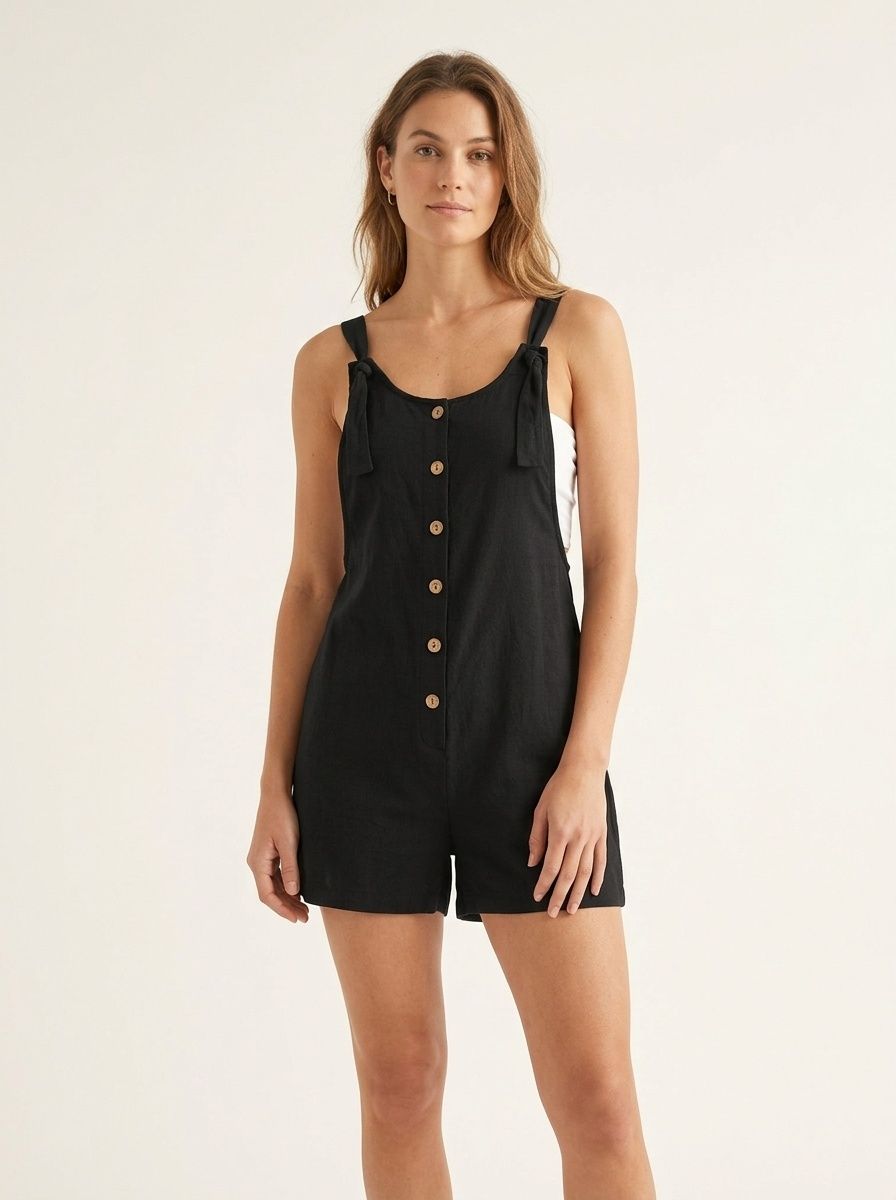 Women's Casual Button Front Tie Strap Short Romper Jumpsuit