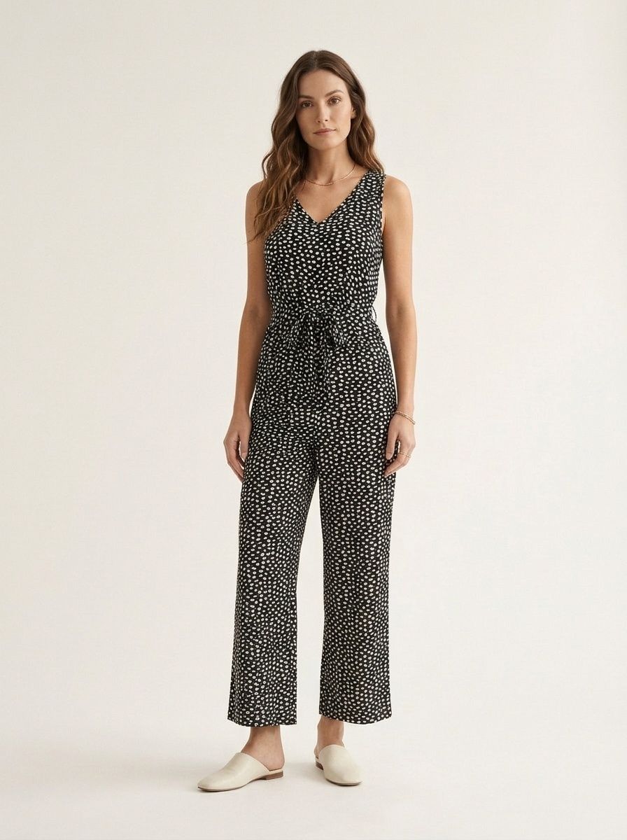 Women's Sleeveless V-Neck Tie Waist Wide Leg Jumpsuit