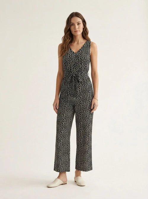 Women's Sleeveless V-Neck Tie Waist Wide Leg Jumpsuit